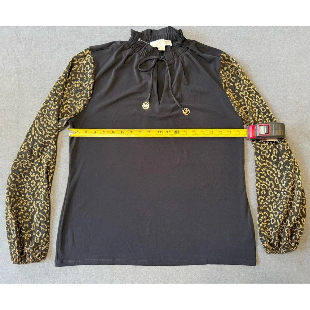 NEW Michael Kors Blouse Black Gold Leopard Print Ruffle Tie Neck Long Sleeve Lrg